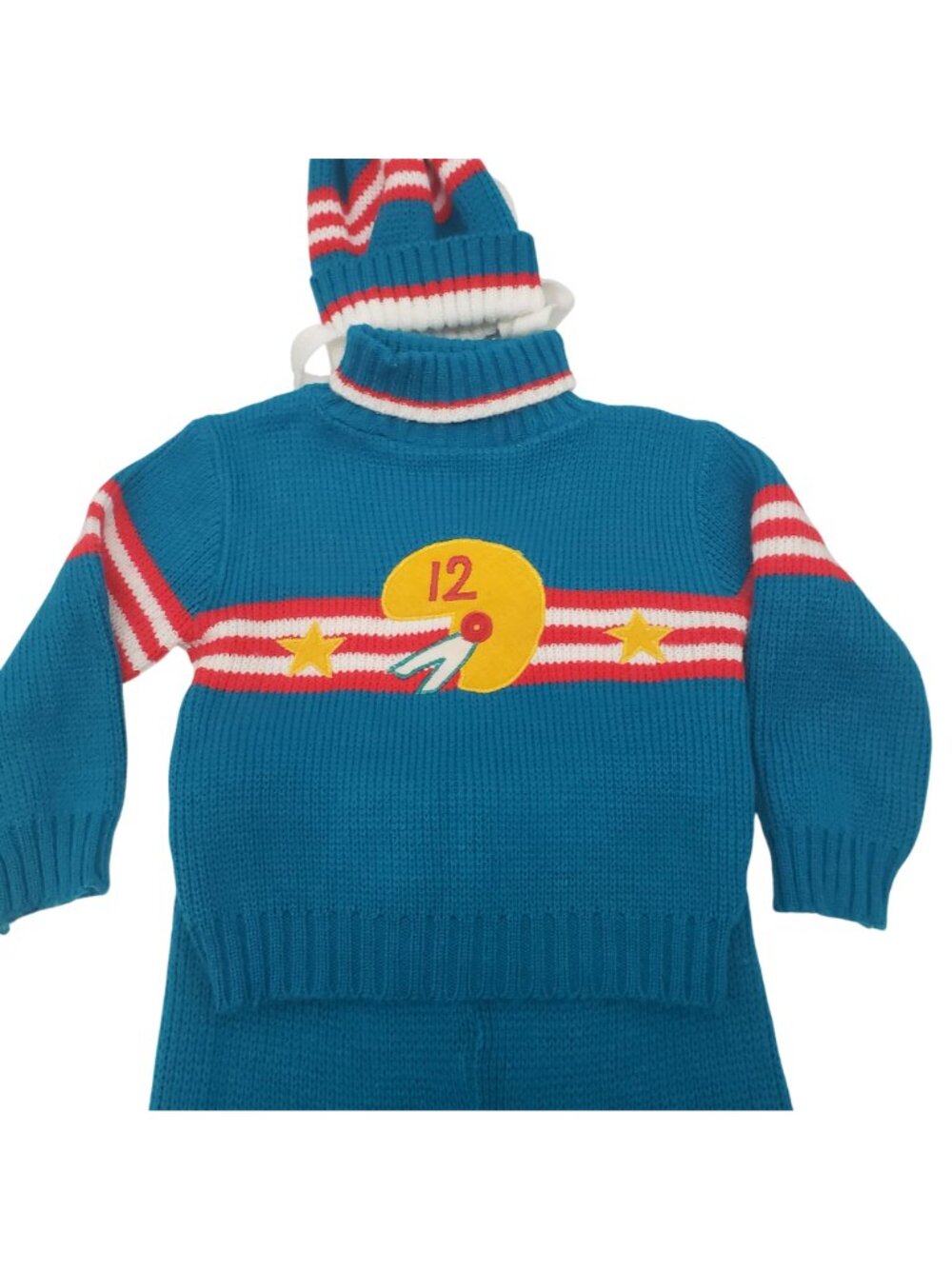 Vintage Toddler Baby Teal Knit Football Knit Sweater Pants Beanie Hat 70s Retro - Picture 2 of 15